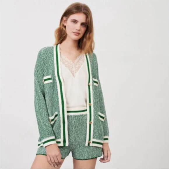 Maje Maitresse Green Lurex Metallic Threaded Cardigan Sweater Size 3, US Large - Picture 2 of 16